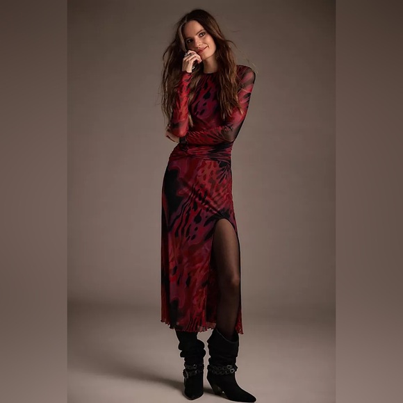 Free People Gianni Maxi Dress Lipstick Combo Mesh Long Sleeve Slit Red Black XS